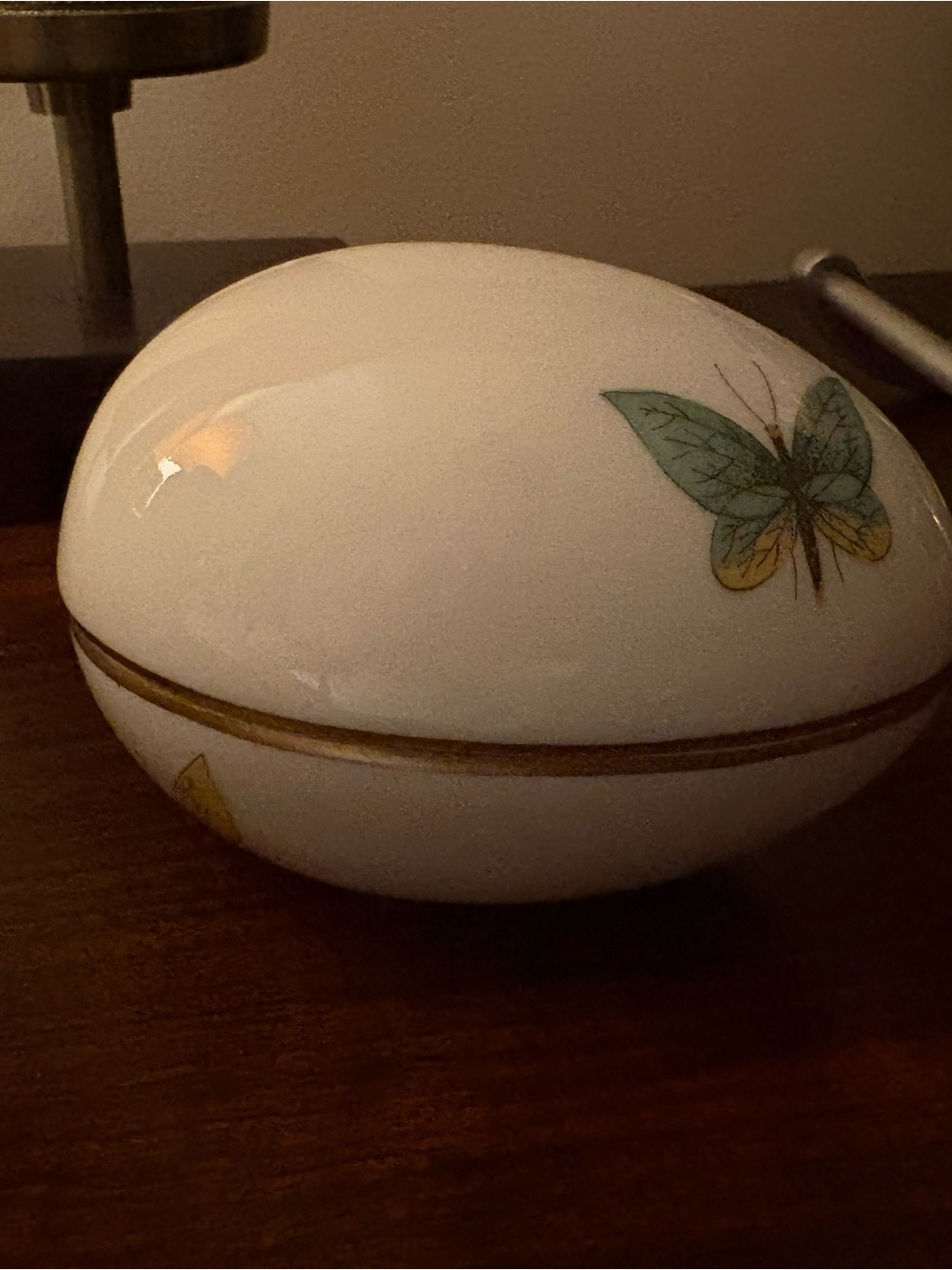 Limoges White Porcelain Egg Trinket Box with Green and Yellow Butterfly